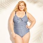 Target Women's Shirred Tie Front One Piece Swimsuit - Navy Gingham Print