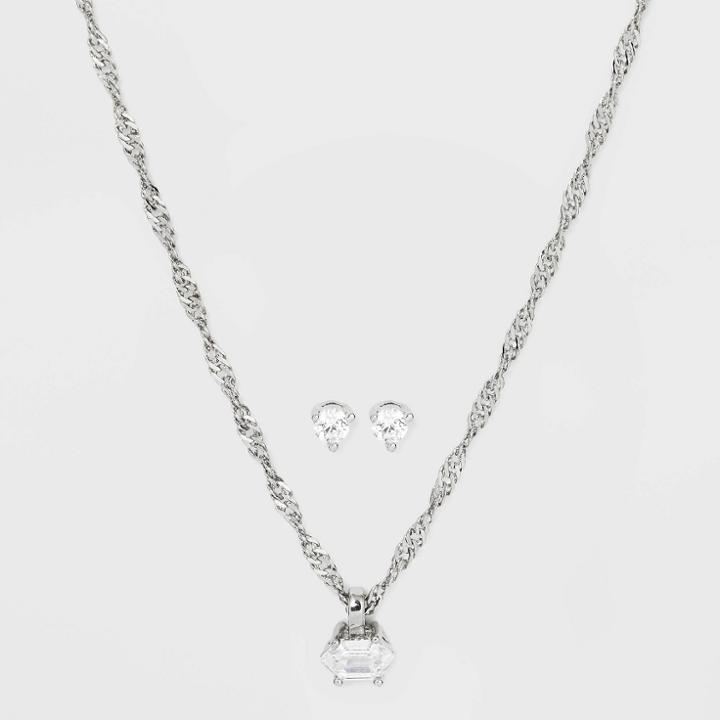 Silver Plated Cubic Zirconia Stud Earring And Solitaire Pendant Necklace - A New Day
