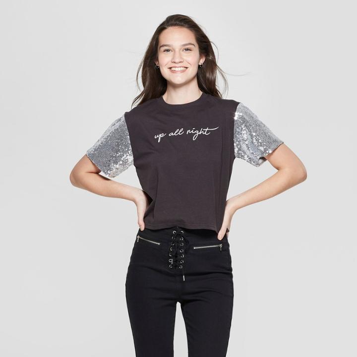 Women's Short Sleeve Up All Night Glitter Cropped Graphic T-shirt - Mighty Fine (juniors') Black/silver