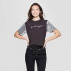 Women's Short Sleeve Up All Night Glitter Cropped Graphic T-shirt - Mighty Fine (juniors') Black/silver