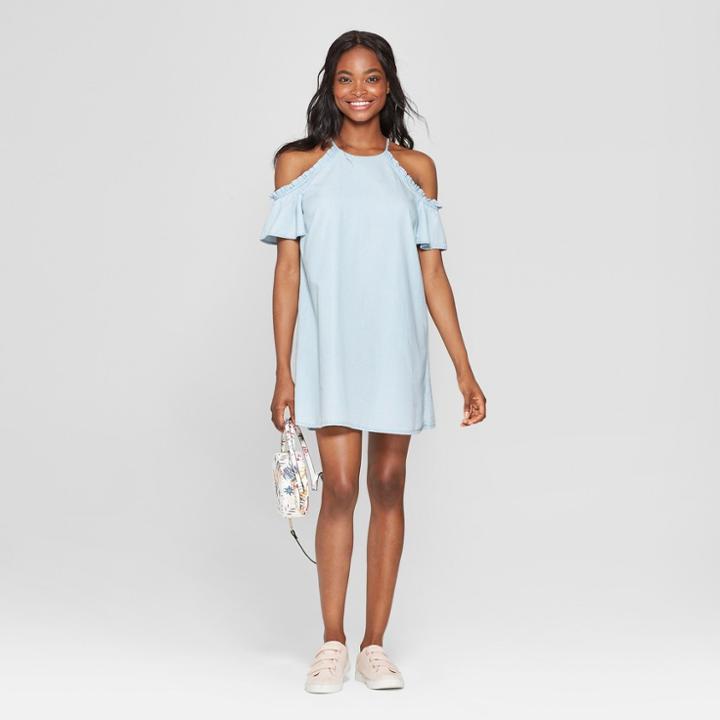 Women's Short Sleeve Cold Shoulder Denim Dress - Lily Star (juniors') Blue