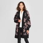 Women's Floral Bishop Sleeve Open Cardigan - A New Day Black