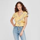 Women's Floral Print Short Sleeve V-neck Flounce Top - Soul Cake (juniors') Mustard