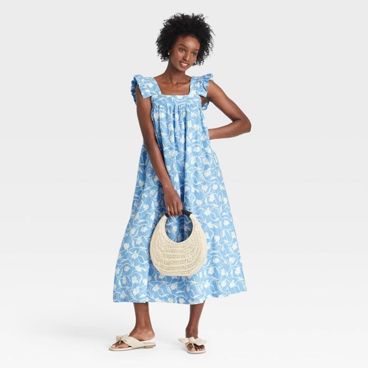 Women's Ruffle Short Sleeve A-line Dress - A New Day Blue Floral Print