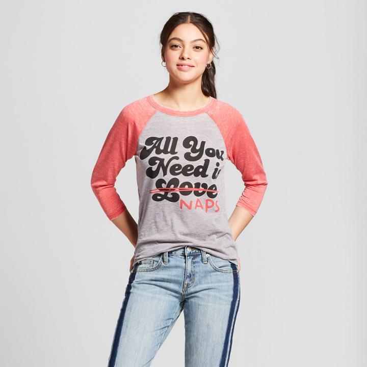 Target Women's All You Need Is Naps 3/4 Sleeve Raglan T-shirt (juniors') - Mighty Fine Gray/red