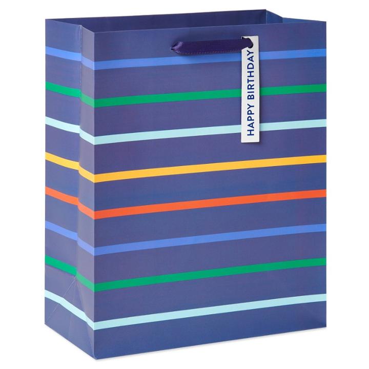 Spritz Medium 'happy Birthday' Striped Male Gift Bag Navy -