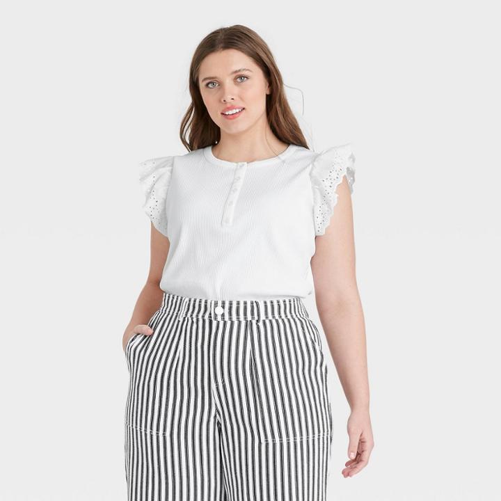 Women's Plus Size Eyelet Ruffle Sleeve Tank Top - Who What Wear White