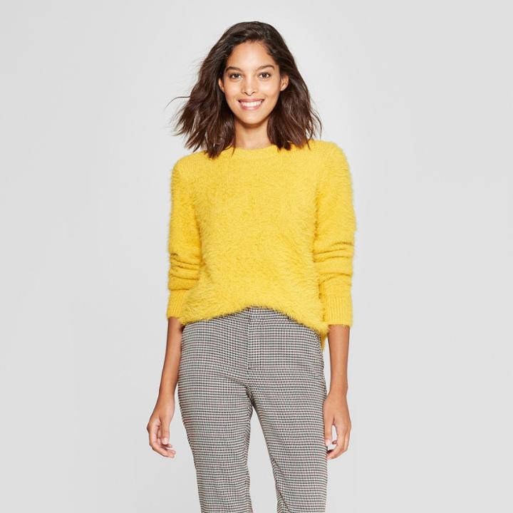 Women's Crewneck Eyelash Pullover Sweater - A New Day Gold