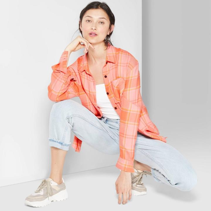 Women's Plaid Long Sleeve Button-down Flannel Shirt - Wild Fable Pink/orange