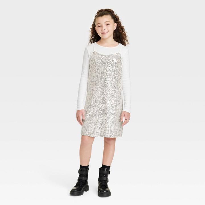 Girls' 2 For 1 Long Sleeve Dress - Art Class Silver