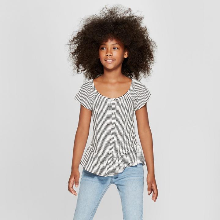 Girls' Off The Shoulder Button Front Short Sleeve T-shirt - Art Class Black/white