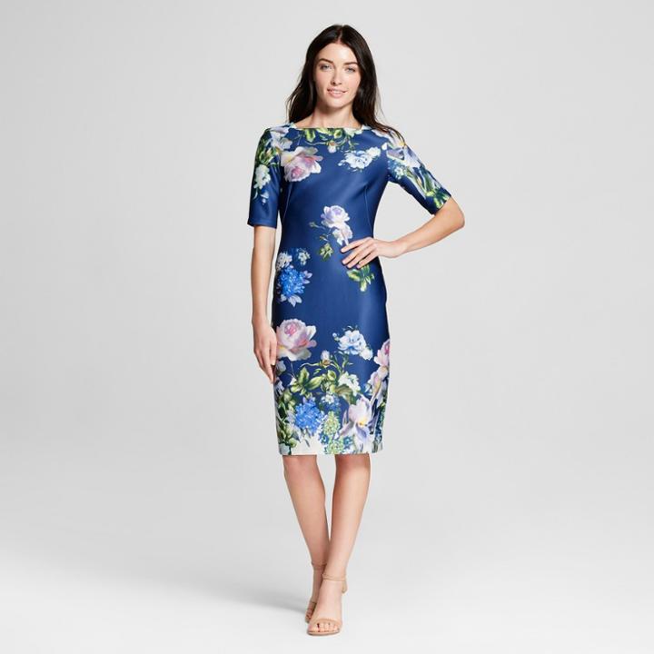 Women's Floral Print Photoreal Scuba Midi Dress - Melonie T Dark Blue