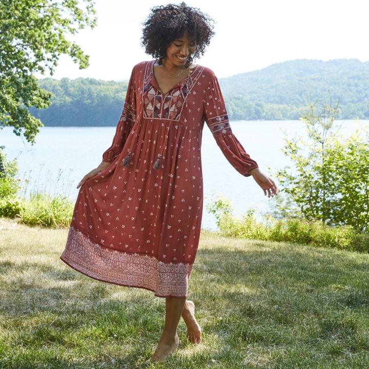 Women's Floral Print Long Sleeve Dress - Knox Rose Rust
