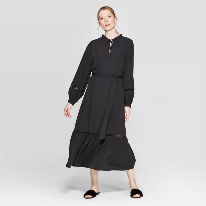 Women's Eyelet Long Sleeve V-neck Front Tie Loose Fit Trim Maxi Dress - Who What Wear Jet Black