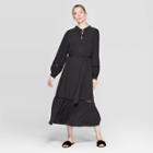 Women's Eyelet Long Sleeve V-neck Front Tie Loose Fit Trim Maxi Dress - Who What Wear Jet Black