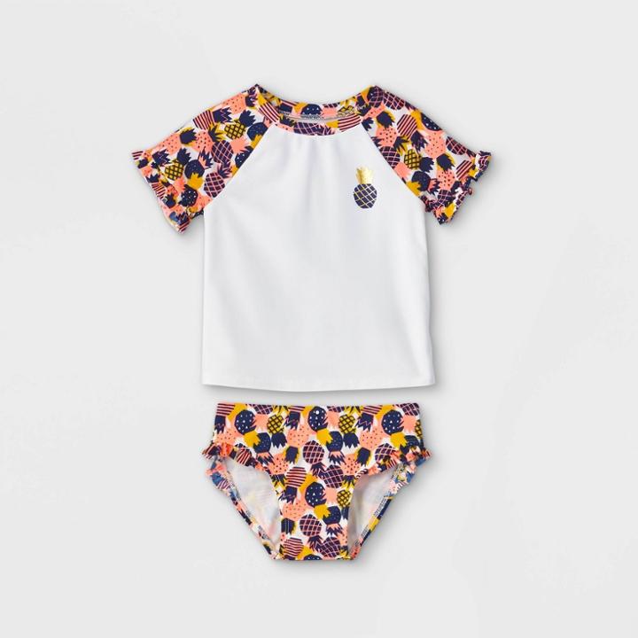 Toddler Girls' 2pc Pineapple Print Short Sleeve Rash Guard Set - Cat & Jack True White