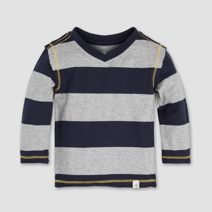 Burt's Bees Baby Boys' Rugby Stripe High V-neck Long Sleeve Shirt - Midnight 0-3m, Boy's, Blue