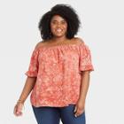 Women's Plus Size Tie-dye Short Sleeve Off The Shoulder Eyelet Top - Knox Rose Rust