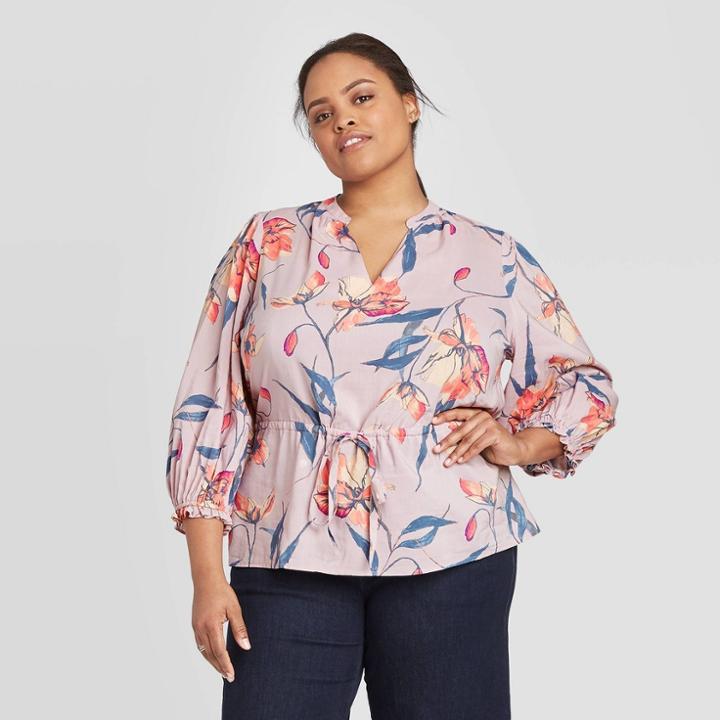 Women's Plus Size Floral Print 3/4 Sleeve Tie Waist Blouse - A New Day Purple 1x, Women's,
