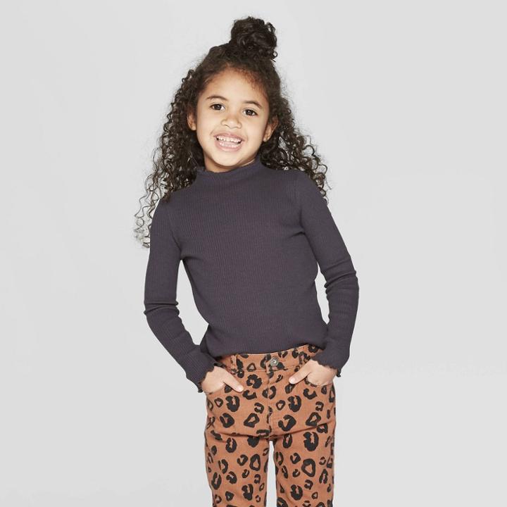 Toddler Girls' Long Sleeve Rib Knit Mock Neck T-shirt - Art Class Black