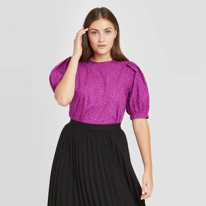 Women's Leaf Print Balloon Short Sleeve Top - A New Day Purple