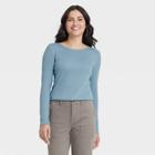 Women's Long Sleeve Ribbed T-shirt - A New Day Teal Blue