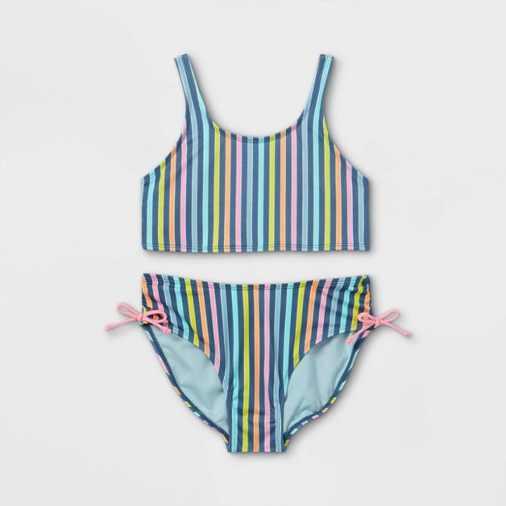 Girls' Striped Cut-out 2pc Bikini Set - Art Class Xs, Blue/pink/blue