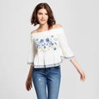 Women's Off The Shoulder Embroidered Bell Sleeve Top - Xhilaration White