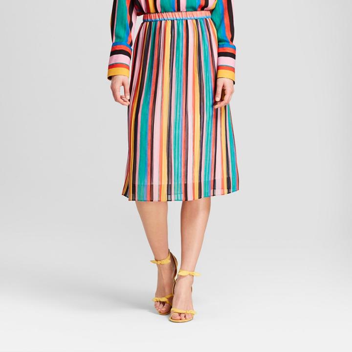 Women's Striped Pleated Skirt- Who What Wear Yellow/green L, Multicolored