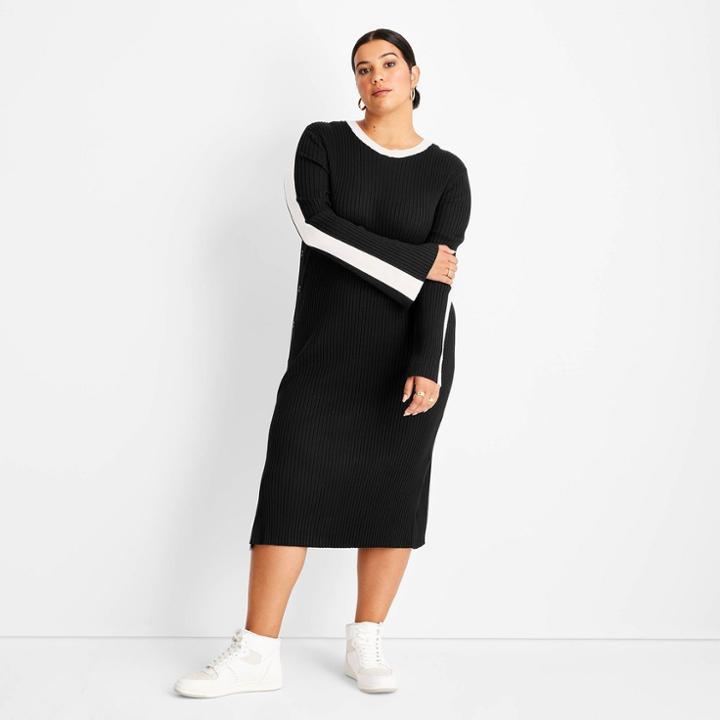 Women's Plus Size Ribbed Long Sleeve Side Button Sweater Dress - Future Collective With Kahlana Barfield Brown Black