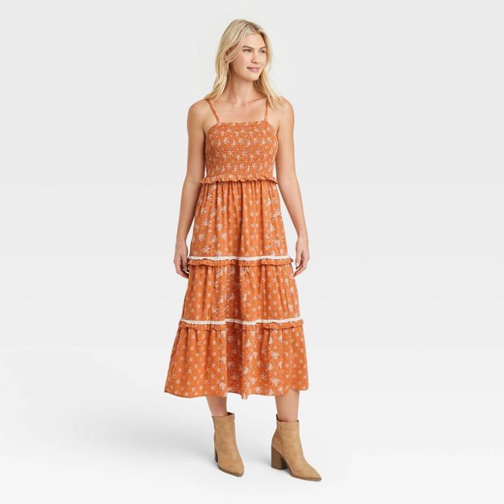 Women's Sleeveless Tiered Dress - Universal Thread Orange Floral