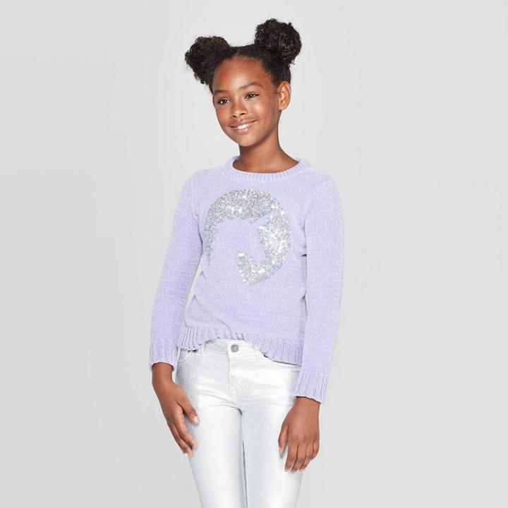 Girls' Long Sleeve Sequin Unicorn Pullover Sweater - Cat & Jack Light Purple