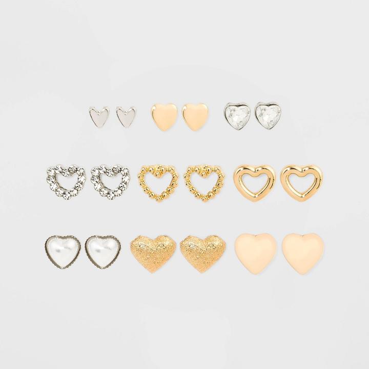 Heart Multi Earring Set 9pc - Wild Fable , Gold/grey/silver