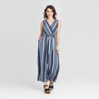 Women's Striped Sleeveless V-neck Belted Wrap Jumpsuit - Xhilaration Blue