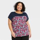 Women's Plus Size Short Sleeve Pocket T-shirt - Knox Rose Navy Floral 1x, Blue Floral