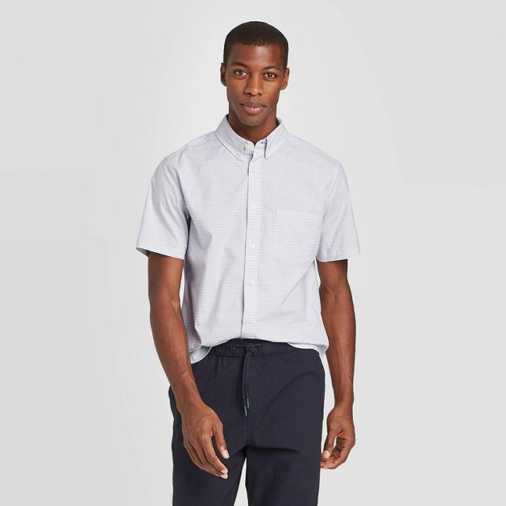 Men's Slim Fit Short Sleeve Poplin Button-down Shirt - Goodfellow & Co Gray S, Men's,
