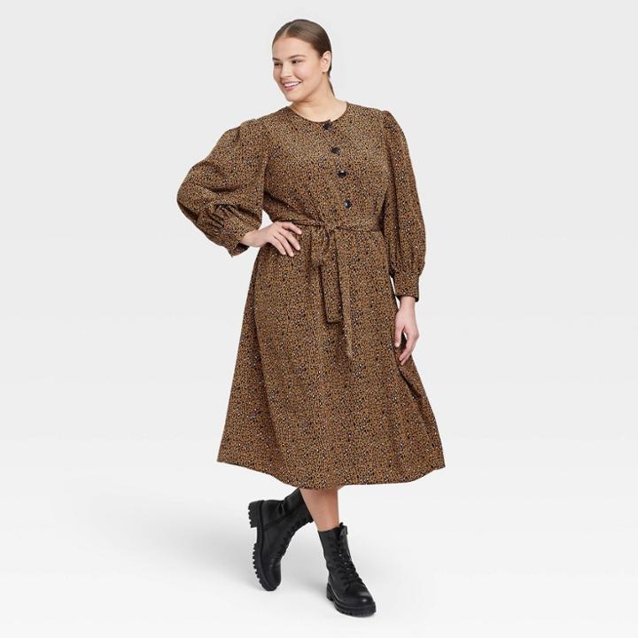 Women's Plus Size Long Sleeve Bold Button Dress - Who What Wear Light Brown Leopard Print