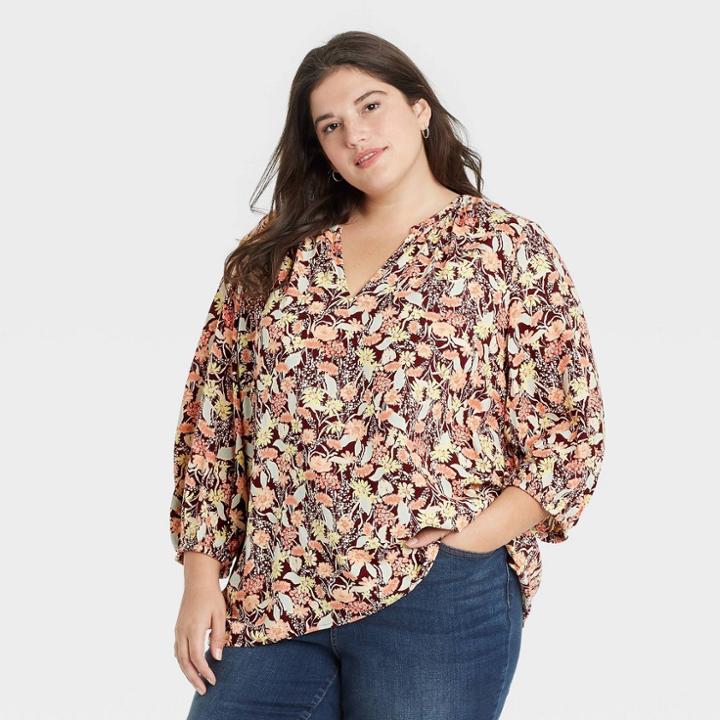 Women's Plus Size Floral Print 3/4 Sleeve Popover Blouse - Ava & Viv Burgundy X, Red