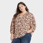 Women's Plus Size Floral Print 3/4 Sleeve Popover Blouse - Ava & Viv Burgundy X, Red