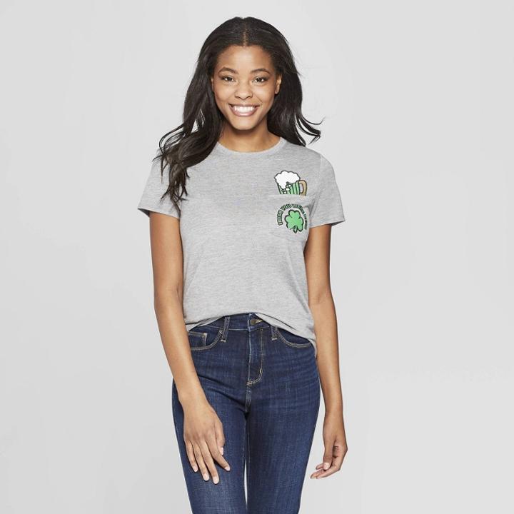 Women's Short Sleeve Irish Pocket Beer Graphic T-shirt - Modern Lux - Heather Gray