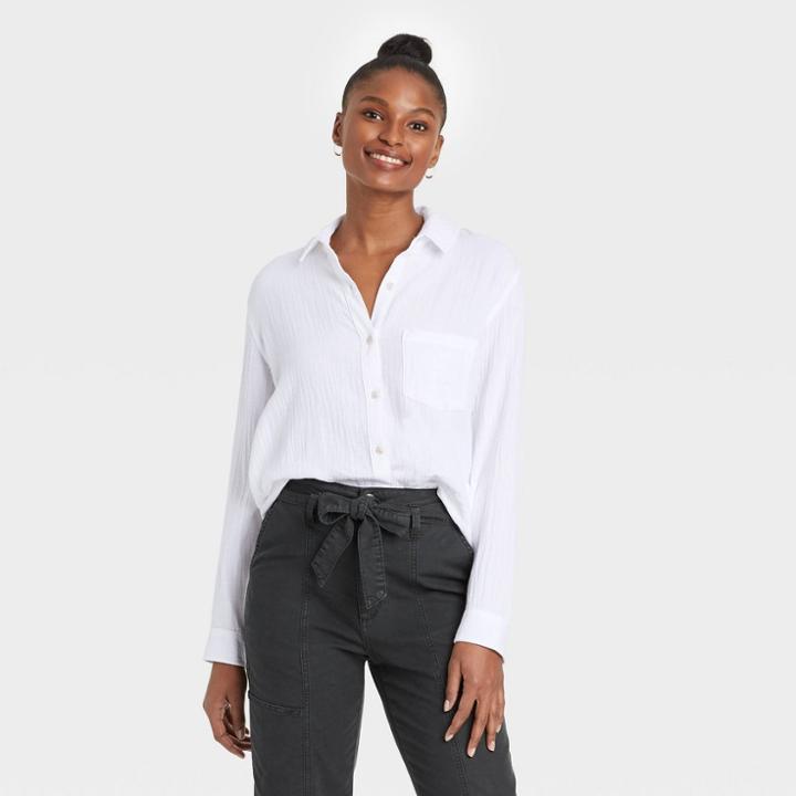 Women's Long Sleeve Gauze Button-down Shirt - Universal Thread True White