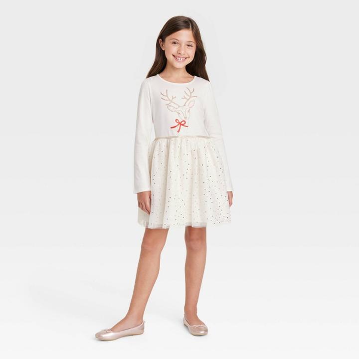 Girls' Holiday Long Sleeve Tulle Dress - Cat & Jack Cream