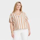 Women's Plus Size Striped Short Sleeve Button-down Shirt - Universal Thread Tan