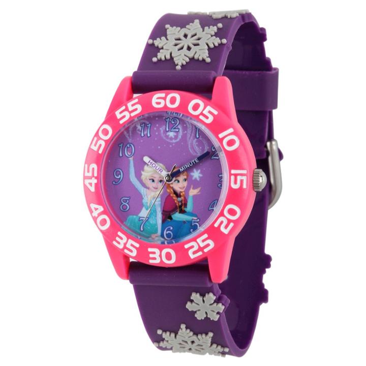 Girls' Disney Frozen Elsa And Anna Pink Plastic Time Teacher Watch - Purple