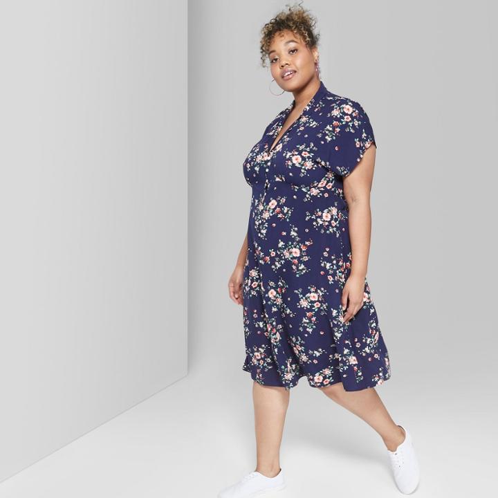 Women's Floral Print Plus Size Short Sleeve Button-front Midi Dress - Wild Fable Navy
