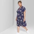 Women's Floral Print Plus Size Short Sleeve Button-front Midi Dress - Wild Fable Navy