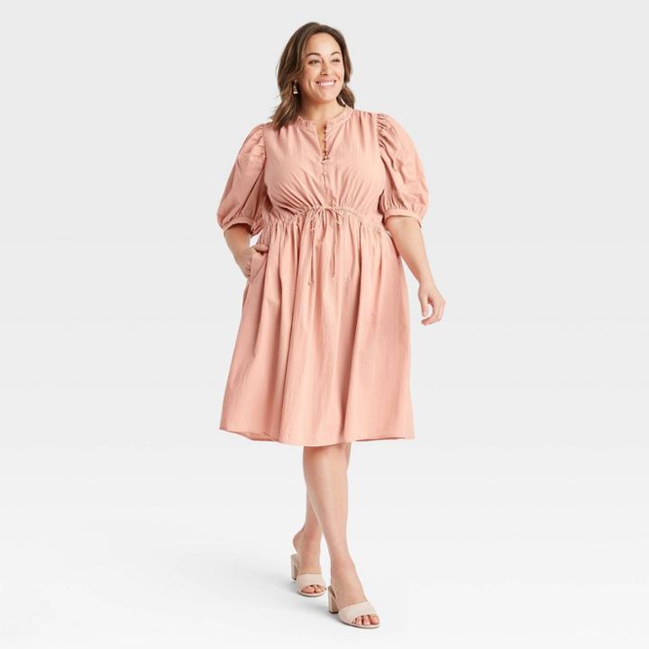 Women's Plus Size Puff Elbow Sleeve Seersucker Dress - A New Day Coral