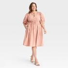 Women's Plus Size Puff Elbow Sleeve Seersucker Dress - A New Day Coral