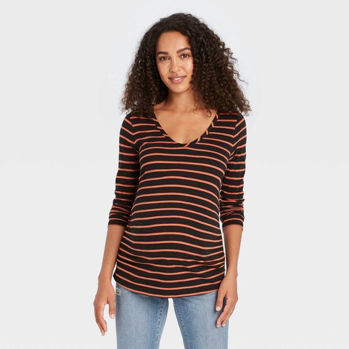 Long Sleeve Scoop Neck Side Shirred Maternity T-shirt - Isabel Maternity By Ingrid & Isabel Black/brown
