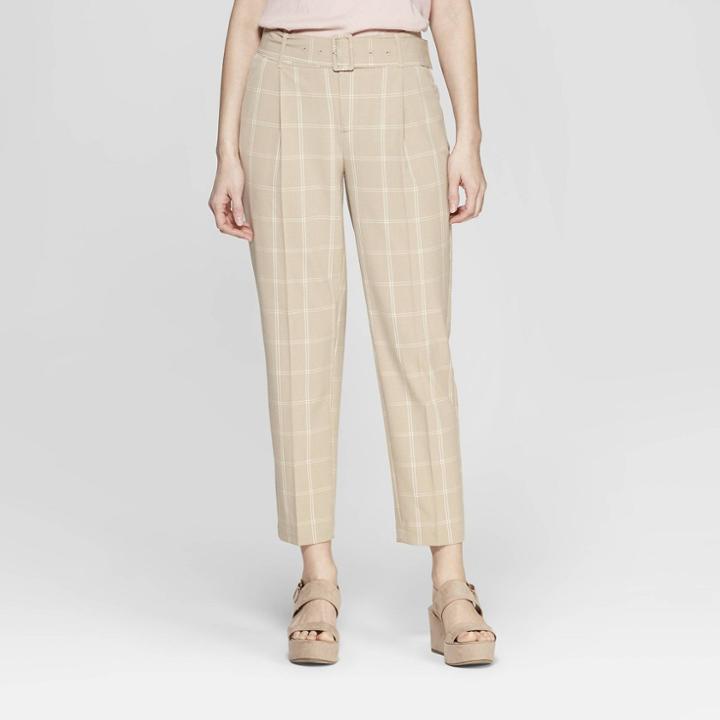 Women's Plaid Slim Fit Belted Trouser - A New Day Tan
